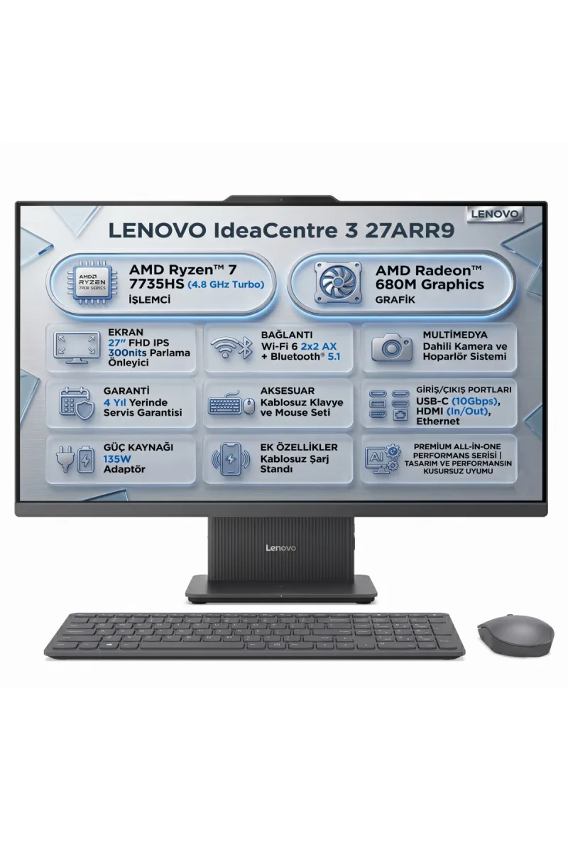 IdeaCentre 3 27ARR9 Amd Ryzen 7 7735HS 32GB 1TB SSD 27" FHD Fdos All In One PC F0HQ00ACTR 004