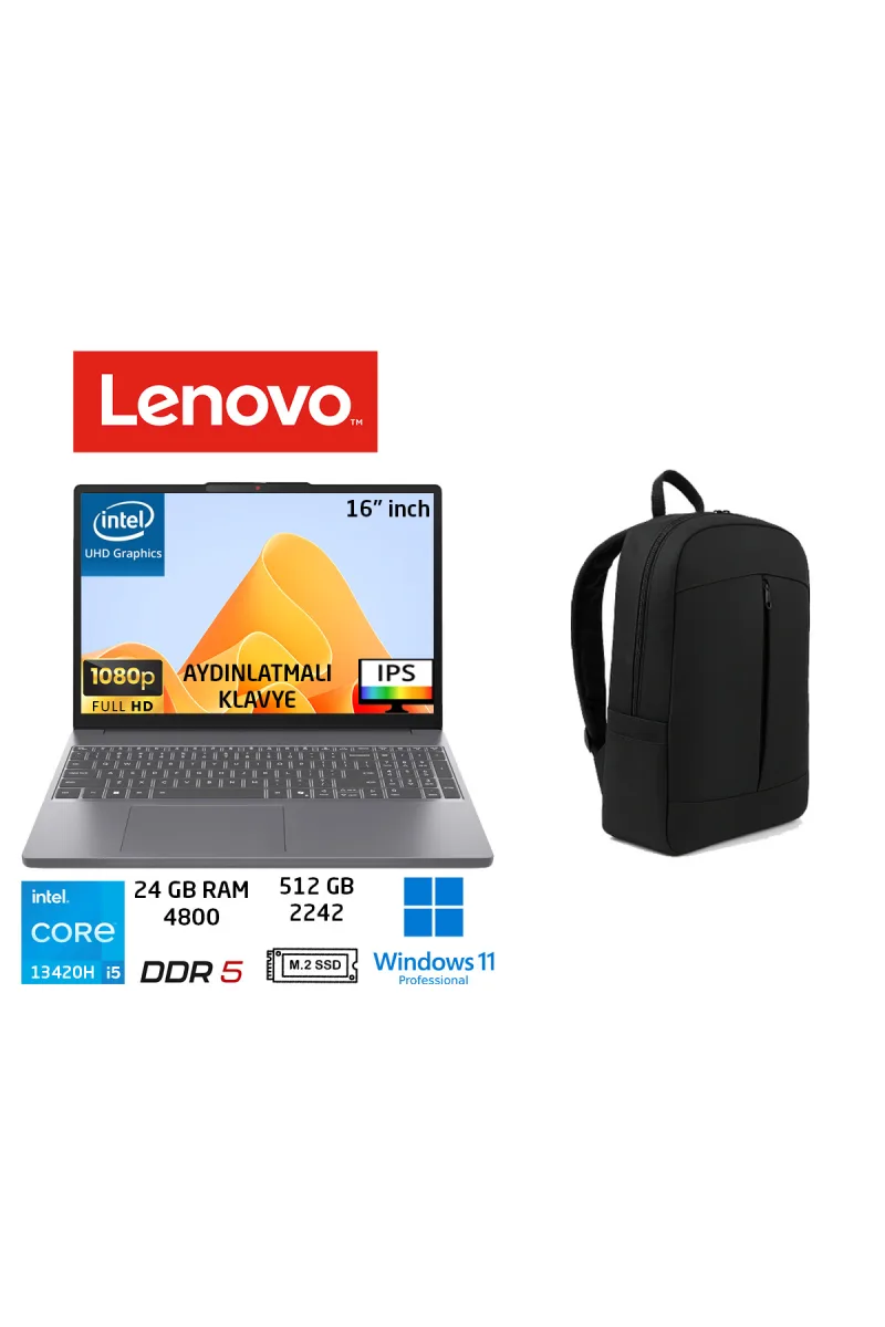 Ideapad Slim 3 16IRH10 IntelCore I5 13420H 24GB 512GB SSD W11 PRO 16” 83K20077TR Duddi Çanta