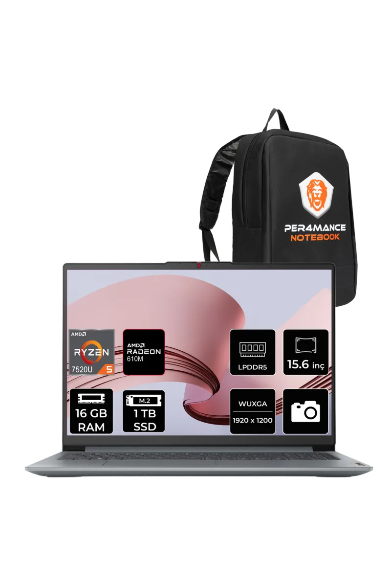 Ideapad Slim 3 Ryzen 5 7520U 16GB RAM 1TB SSD 15.6" FHD FreeDOS 82XQ00SFTXP303 Notebook + Per4 Çanta