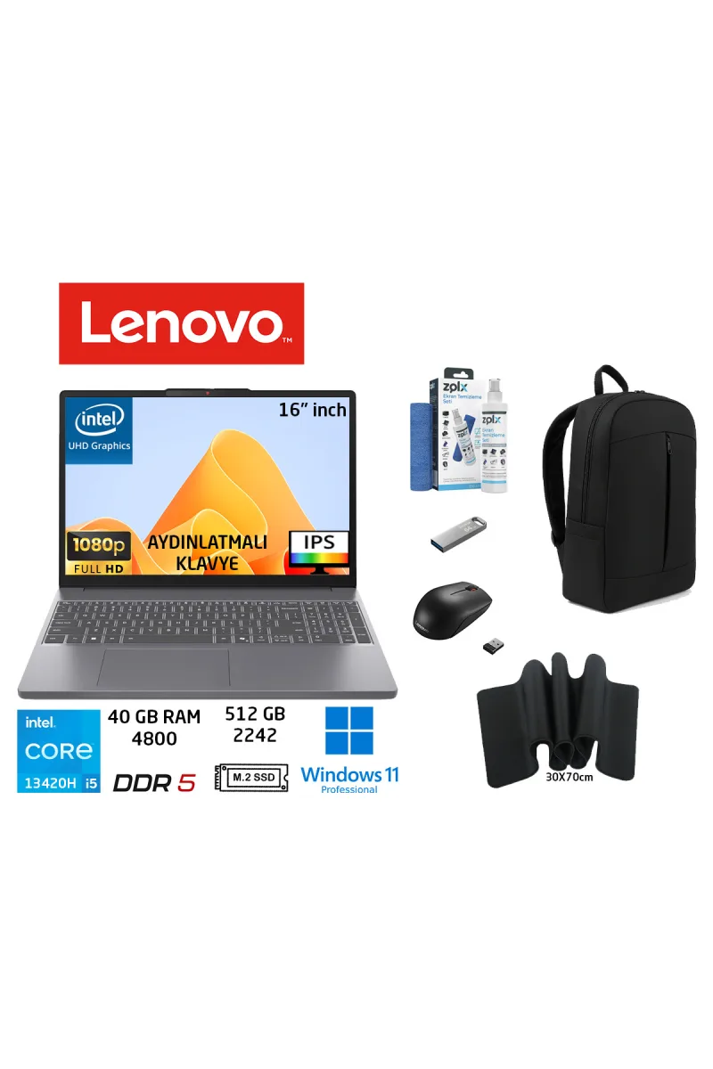 Slim 3 16IRH10 IntelCore I5 13420H 40GB 512GB SSD W11 PRO 16” 83K20077TR Duddi Çanta+Mouse++