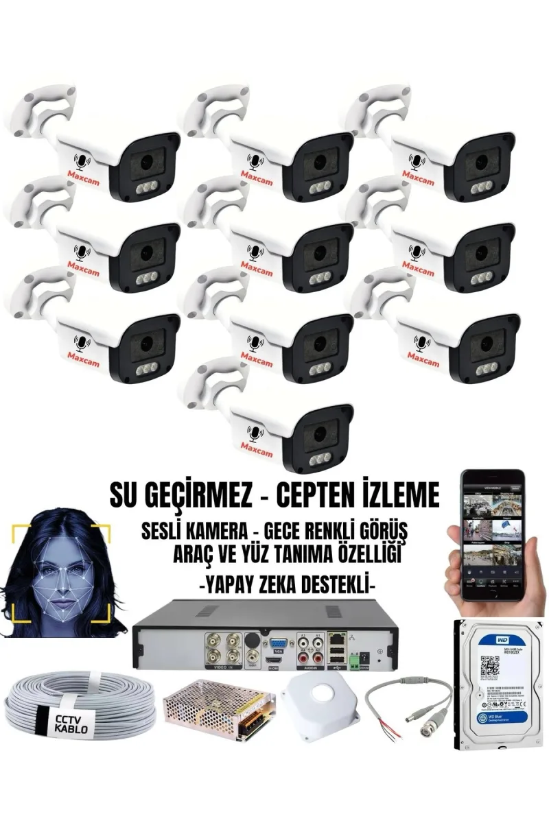 10 Kameralı SESLİ 5MP Sony Lens Gece Renkli Araç Ve Yüz Tanımalı Kamera Sistemi