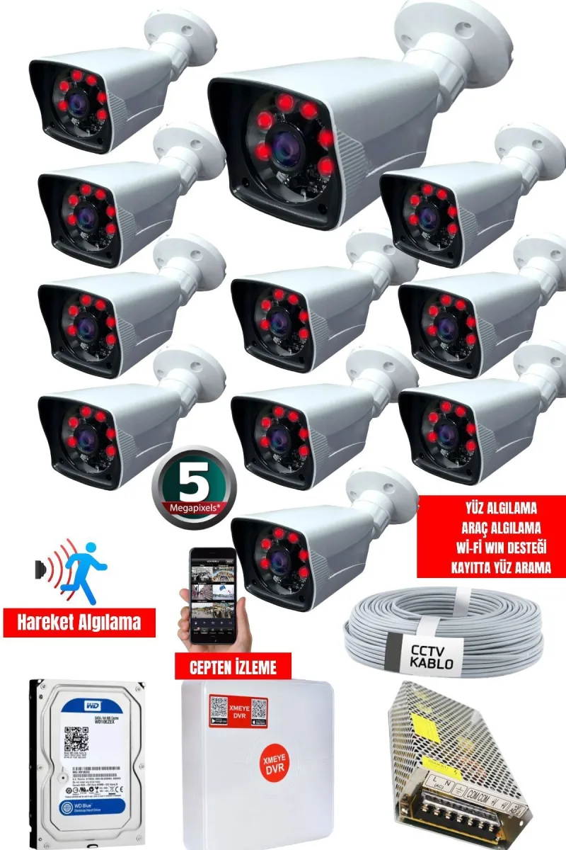 10 Kameralı Set - 5MP Sony Lensli Full Hd Gece Görüşlü Su Geçirmez - Güvenlik Kamerası Sistemi