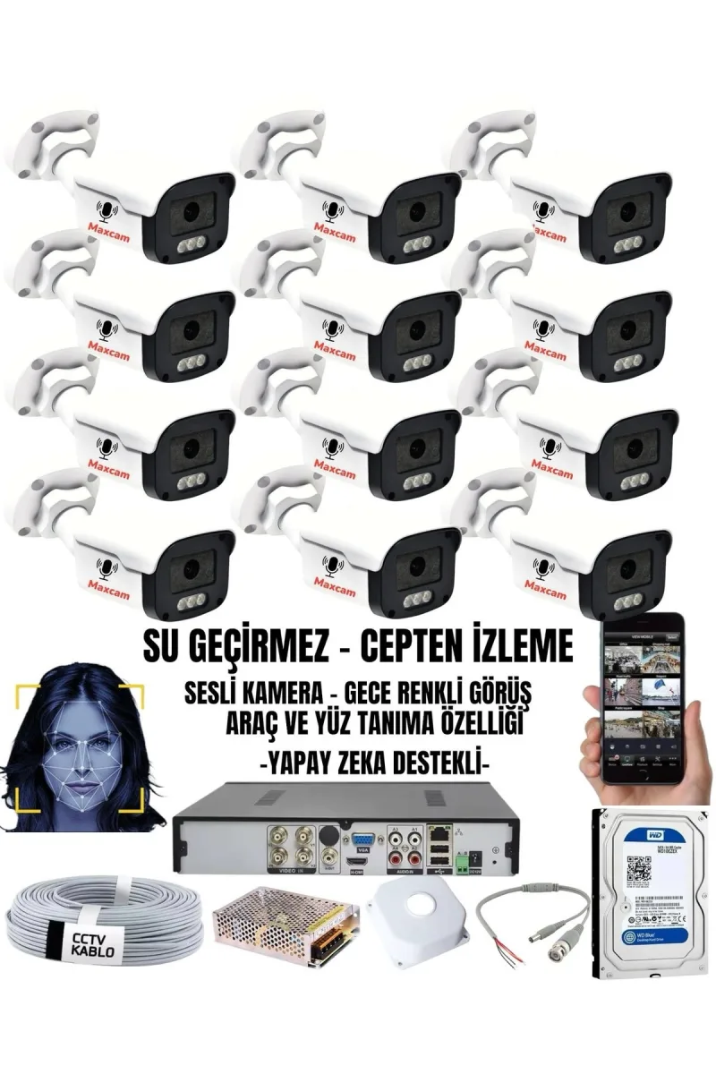 12 Kameralı SESLİ 5MP Sony Lens Gece Renkli Araç Ve Yüz Tanımalı Kamera Sistemi