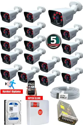 16 Kameralı Set - 5mp Sony Lensli Full Hd Gece Görüşlü Su Geçirmez - Güvenlik Kamerası Sistemi