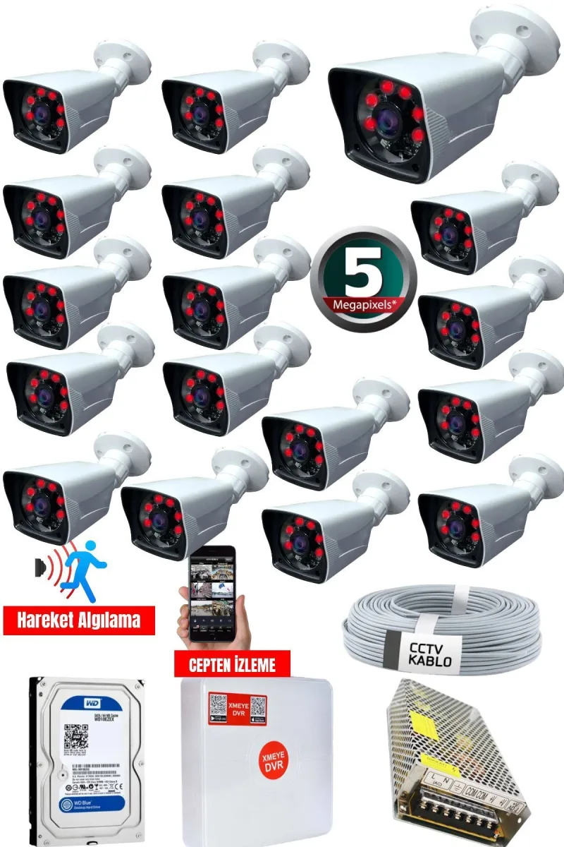 16 Kameralı Set - 5mp Sony Lensli Full Hd Gece Görüşlü Su Geçirmez - Güvenlik Kamerası Sistemi