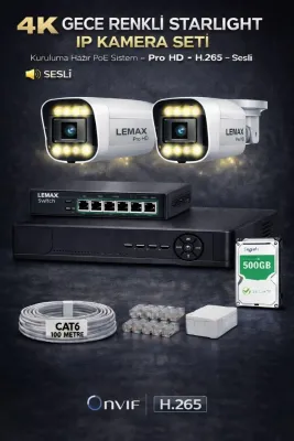 2 Kameralı 4K 1440P Full HD PoE IP Kamera Sistemi – Gece Renkli Ultra HD SESLİ Güvenlik Kamera Seti