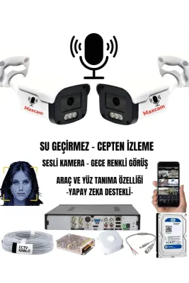 2 Kameralı Sesli 5mp - Gece Renkli Araç Ve Yüz Tanımalı Kamera Sistemi - Hazır Kamera Seti