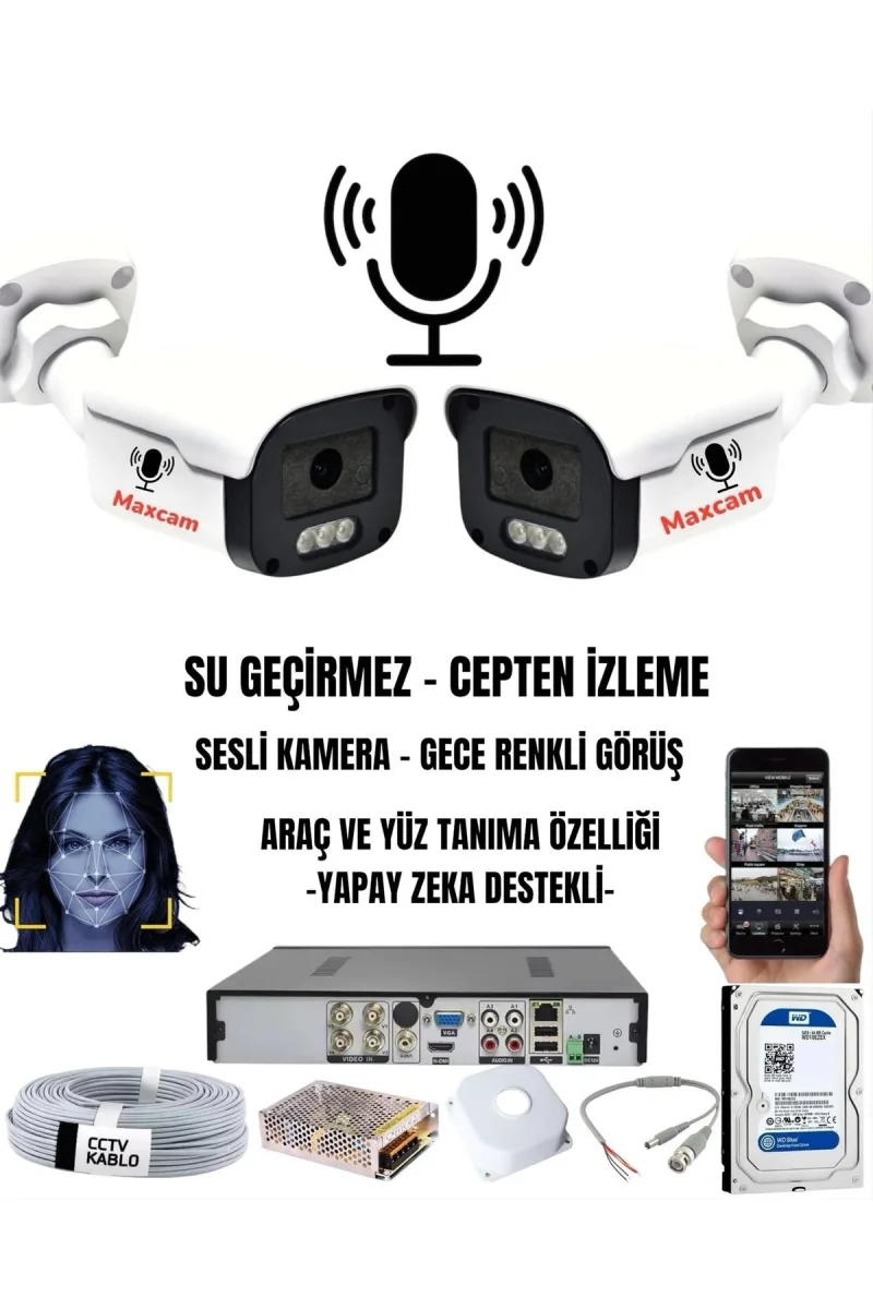 2 Kameralı Sesli 5mp - Gece Renkli Araç Ve Yüz Tanımalı Kamera Sistemi - Hazır Kamera Seti