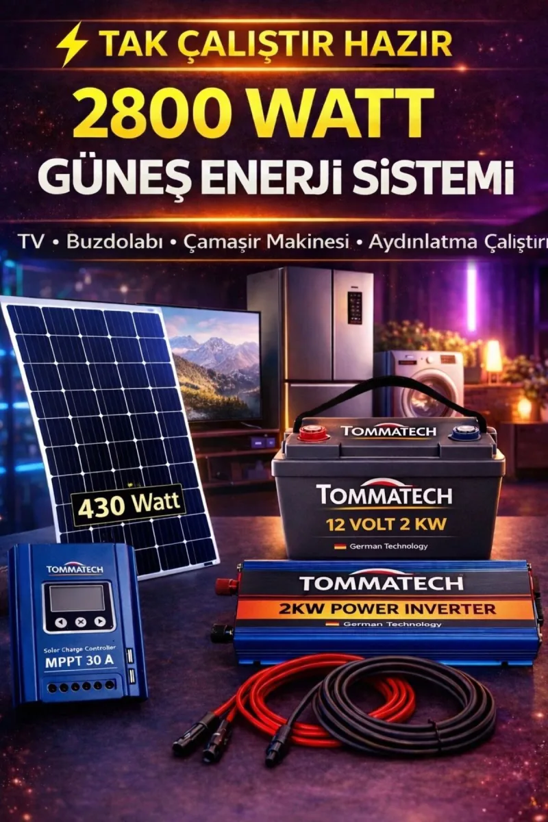 2800 Watt Çamaşır Makinesi, TV, Buzdolabı, Bağ evi Karavan Solar Paket - Hazır Güneş Enerji Sistemi