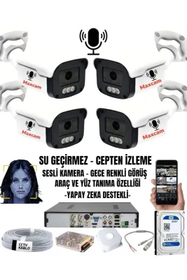 4 Kameralı Sesli 5mp - Gece Renkli Araç Ve Yüz Tanımalı Kamera Sistemi - Hazır Kamera Seti