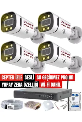 4 Lü SESLİ Gece Renkli Görüş PRO HD Güvenlik Kamera Seti Su Geçirmez Güvenlik Kamerası Sistemi