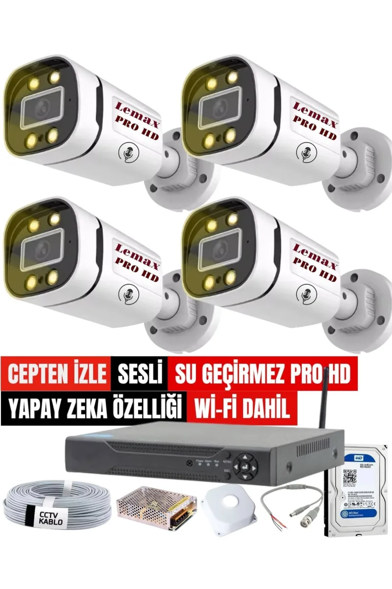4 Lü SESLİ Gece Renkli Görüş PRO HD Güvenlik Kamera Seti Su Geçirmez Güvenlik Kamerası Sistemi