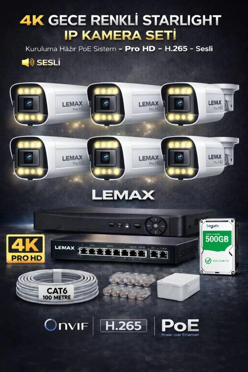 6 Kameralı 4K 1440P Full HD PoE IP Kamera Sistemi – Gece Renkli Ultra HD Güvenlik Kamera Seti
