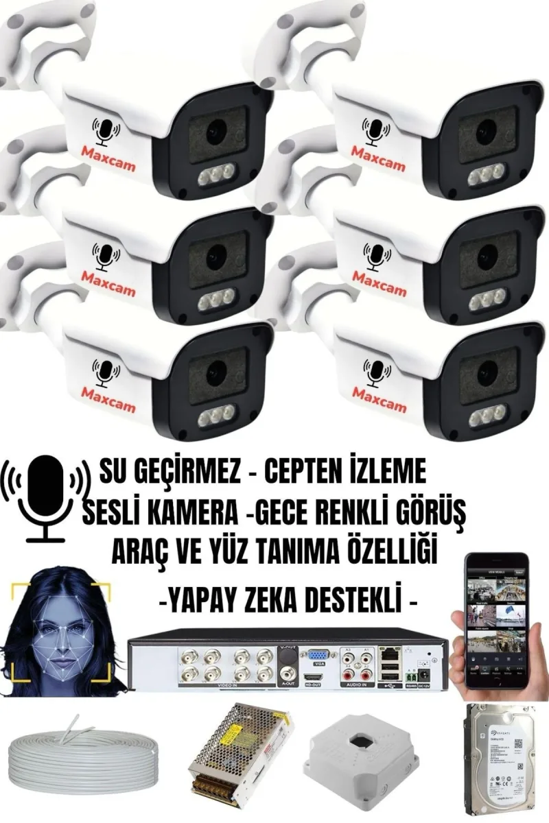 6 Kameralı SESLİ 5MP - Gece Renkli Araç Ve Yüz Tanımalı Kamera Sistemi -Hazır Kamera Seti