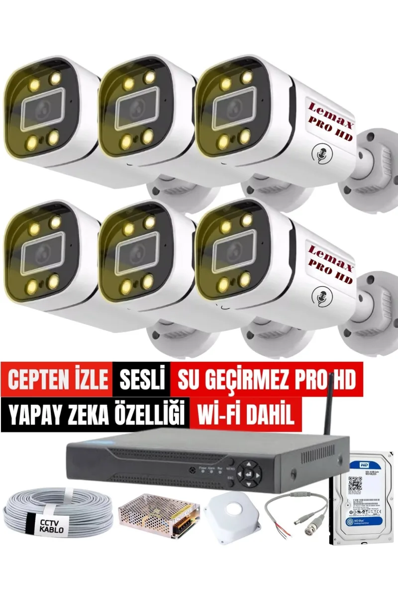 6 Lı SESLİ Gece Renkli Görüş PRO HD Güvenlik Kamera Seti Su Geçirmez Güvenlik Kamerası Sistemi