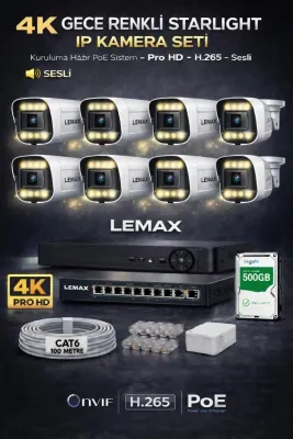 8 Kameralı 4K 1440P Full HD PoE IP Kamera Sistemi – Gece Renkli Ultra HD SESLİ Güvenlik Kamera Seti