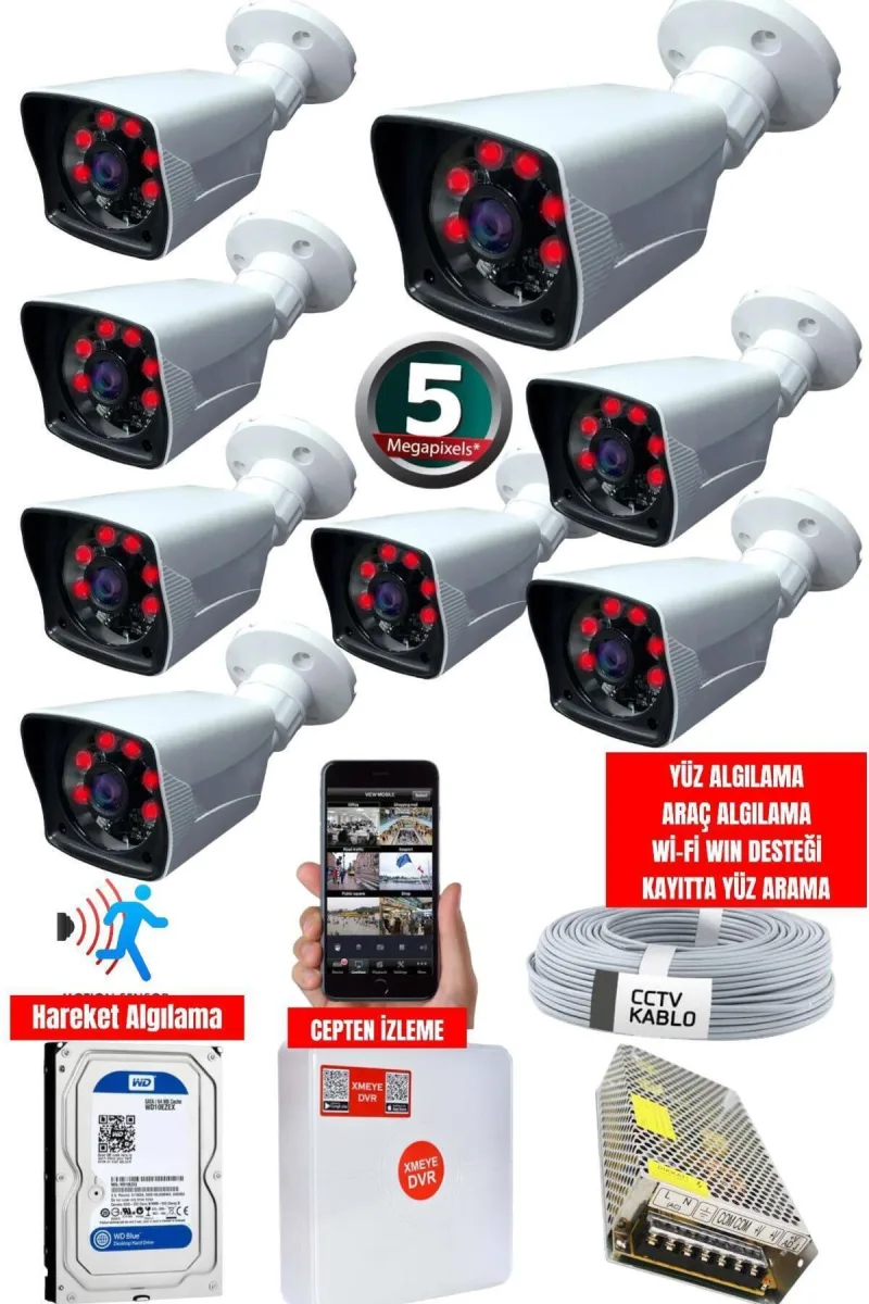 8 Kameralı Güvenlik Kamerası Seti - Cepten Izleme - Fullhd - Gece Görüşlü - SONY - Su Geçirmez