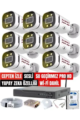 8 Li SESLİ Gece Renkli Görüş PRO HD Güvenlik Kamera Seti Su Geçirmez Güvenlik Kamerası Sistemi