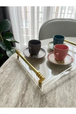 Altın Renk Kulplu Şeffaf Pleksi Sunum Tepsisi
