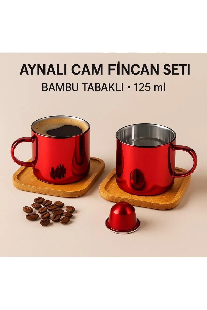 Christmas Borosilikat Cam Fincan Seti Bambu Tabaklı İçi Aynalı 2x125 ml