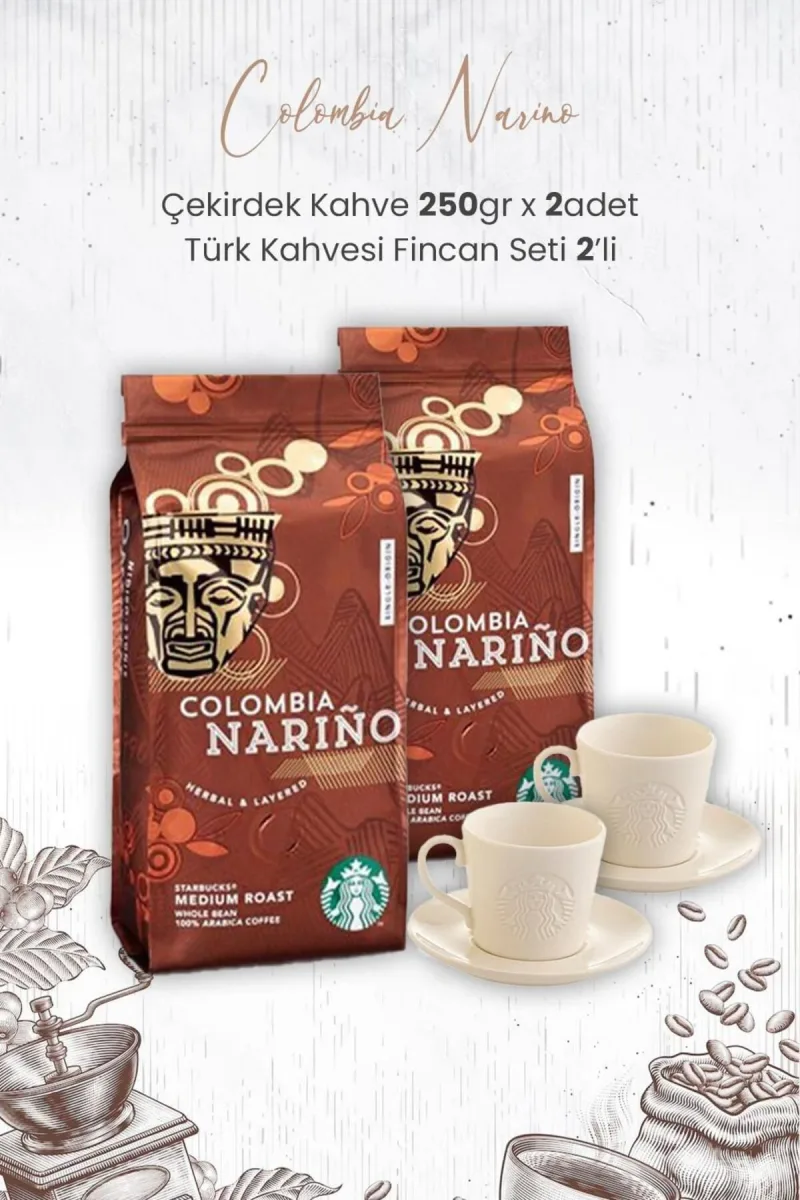 Colombia Narino Çekirdek Kahve 250 gr x 2 Adet ve Türk Kahvesi Fincan Seti 2'li