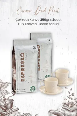 Espresso Dark Roast Çekirdek Kahve 250 Gr x 2 Adet ve Türk Kahvesi Fincan Seti 2'li
