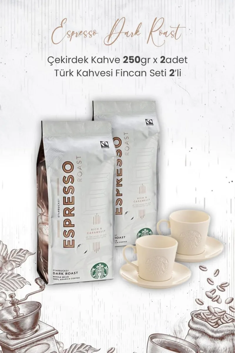 Espresso Dark Roast Çekirdek Kahve 250 Gr x 2 Adet ve Türk Kahvesi Fincan Seti 2'li