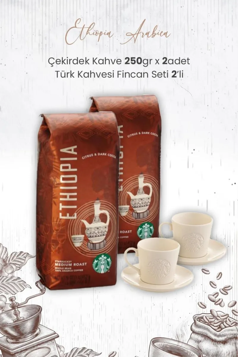 Ethiopia Arabica Çekirdek Kahve 250 gr x 2 Adet ve Türk Kahvesi Fincan Seti 2'li
