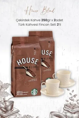 House Blend Çekirdek Kahve 250 gr x 2 Adet ve Türk Kahvesi Fincan Seti 2'li