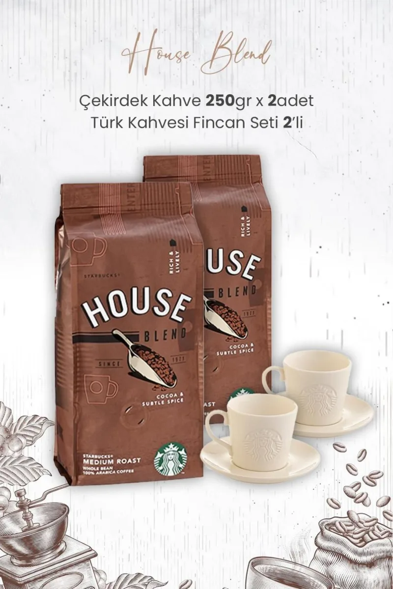 House Blend Çekirdek Kahve 250 gr x 2 Adet ve Türk Kahvesi Fincan Seti 2'li