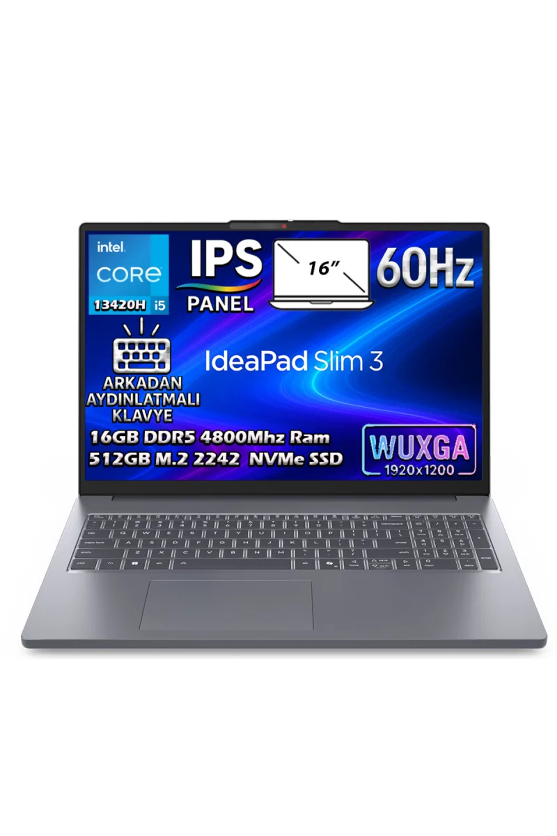IdeaPad Slim 3 16IRH10 Intel Core i5-13420H 16GB 512GB SSD 16" WUXGA IPS Freedos Laptop 83K20073TR
