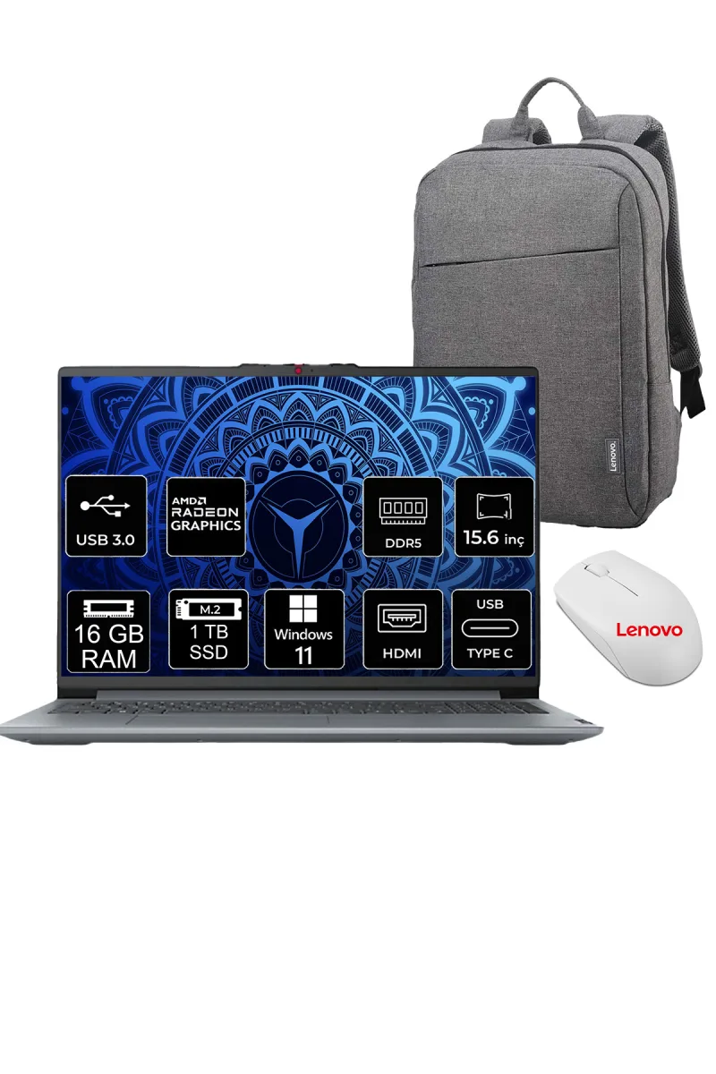 IdeaPad Slim 3 AMD Ryzen 5-7520U 16GB 1TB SSD W11 15.6" FHD Dizüstü Bilgisayar +Lenovo Set