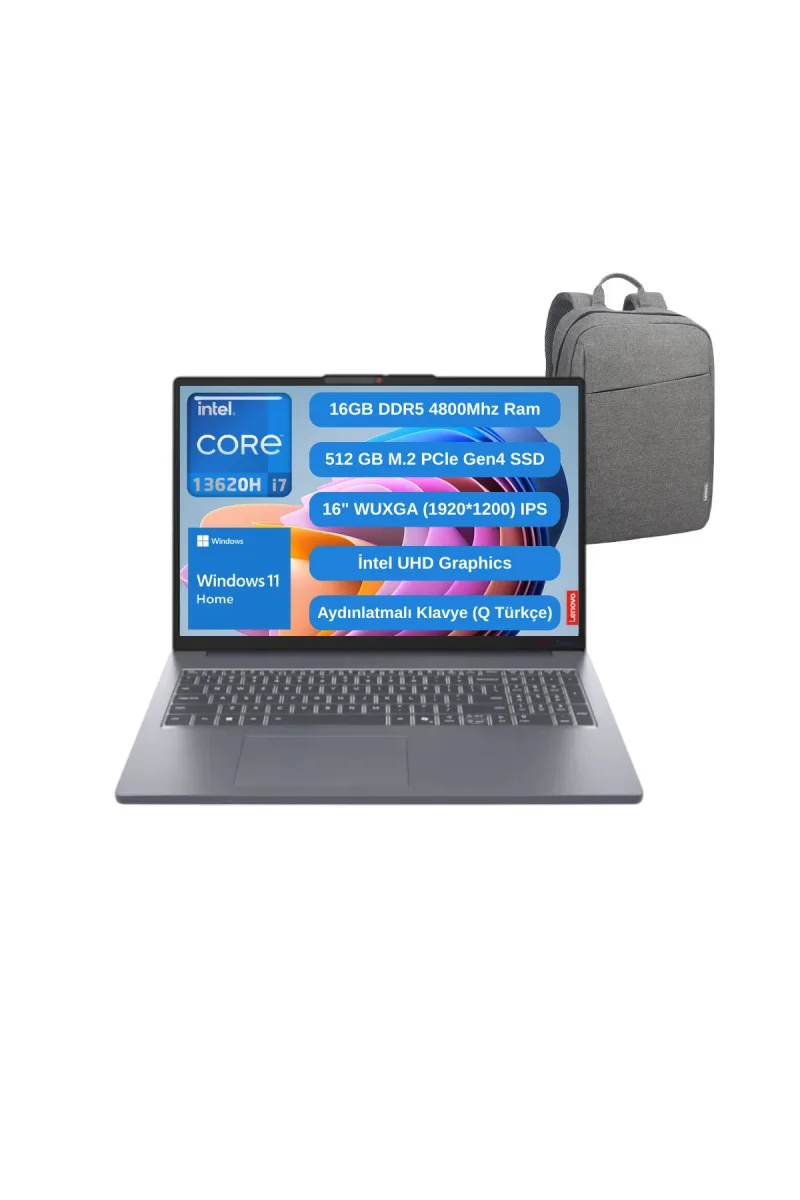 IP Slim 3 16IRH10 İ7 13620H 16GB 512GB SSD 16" Fhd W11 Laptop 83K2001VTR - Lenovo Çanta Wz14