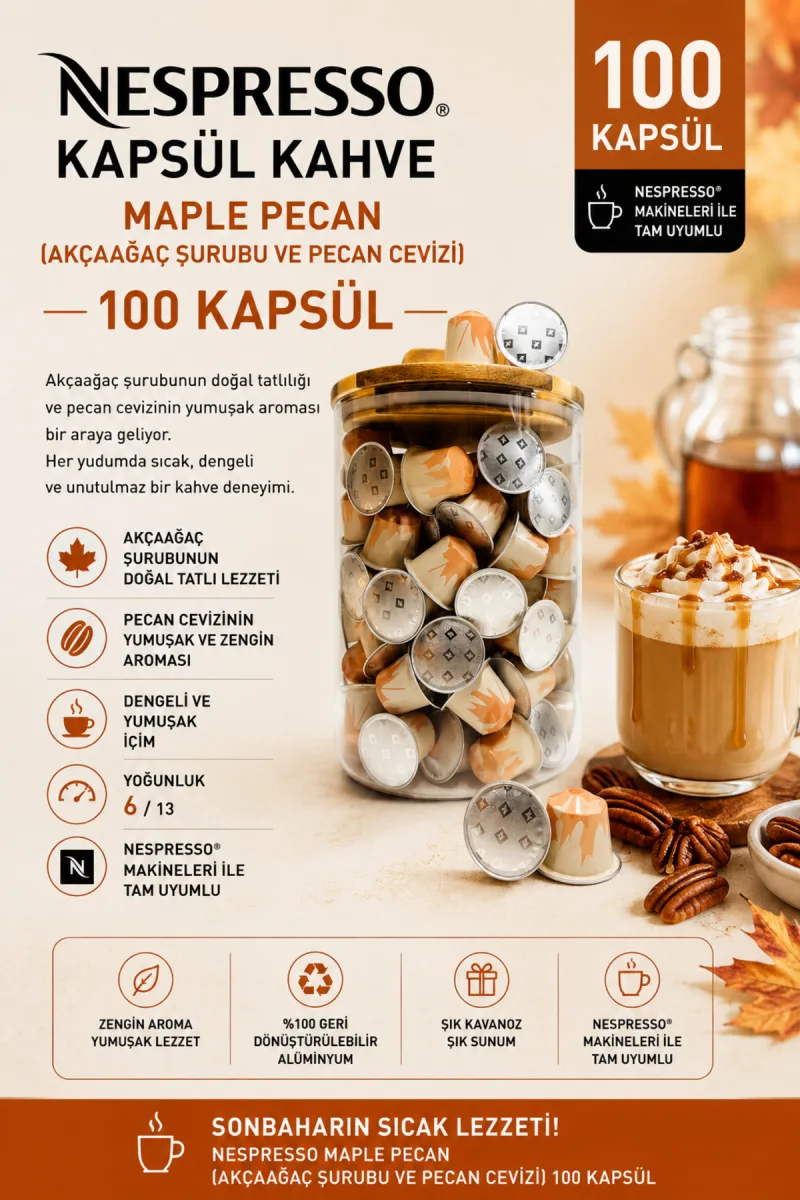 Kapsül Kahve Maple Pecan 100 Kapsül + Kutu Hediyeli