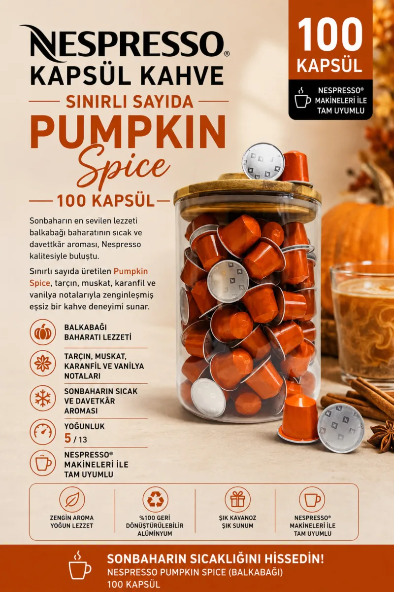 Kapsül Kahve Pumpkin Spice (Balkabağı) 100 Kapsül + Kutu Hediyeli