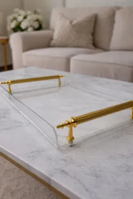 Şeffaf Pleksi Gold Kulplu İki Kişilik Sunum Tepsisi - 30x22