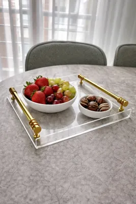 Şeffaf Pleksi Gold Kulplu Kare Sunum Tepsisi-25x25