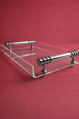 Şeffaf Pleksi Gümüş Yüzük Kulplu Mini Tek Kişilik Sunum Tepsisi