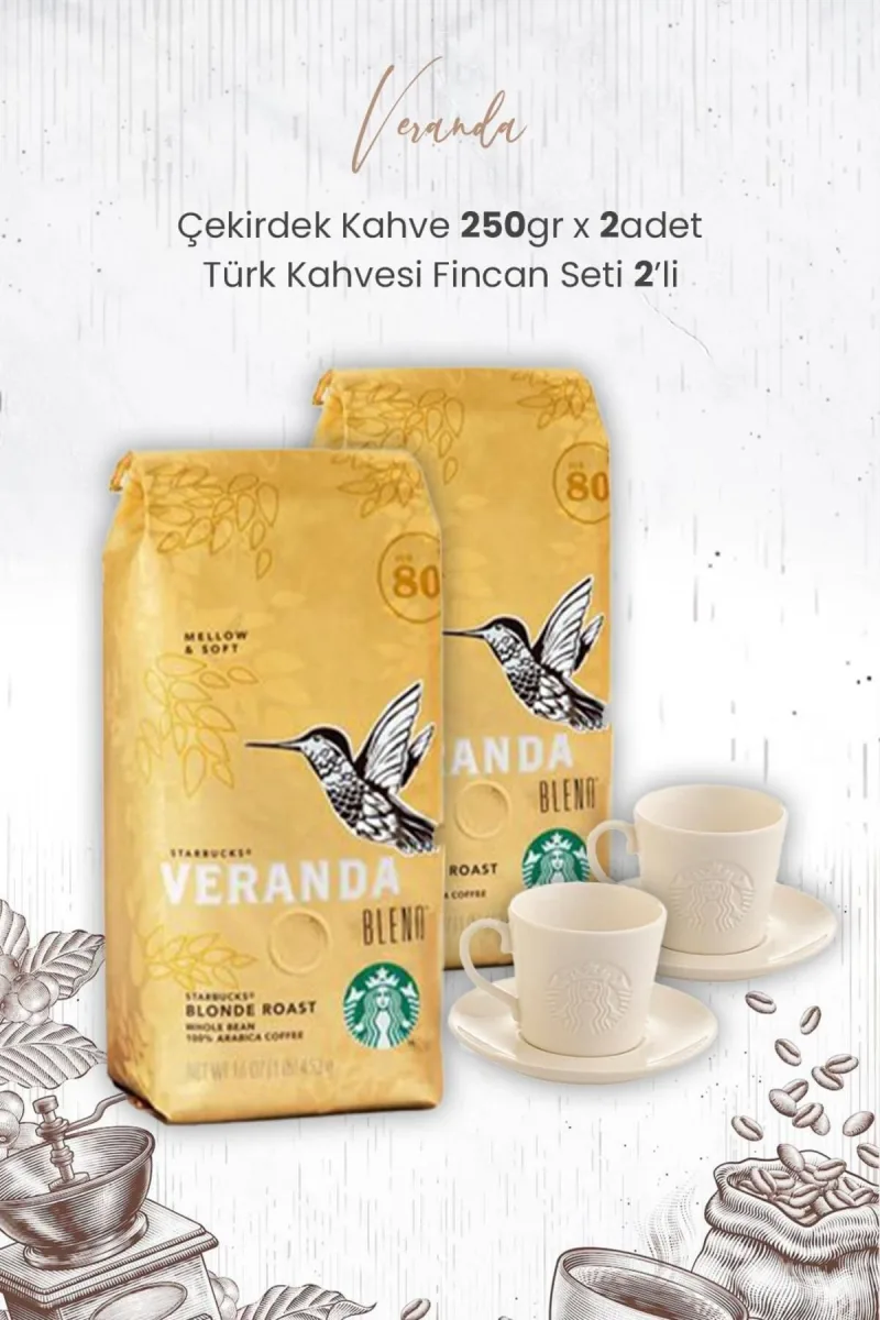 Veranda Arabica Çekirdek Kahve 250 gr x 2 Adet ve Türk Kahvesi Fincan Seti 2'li