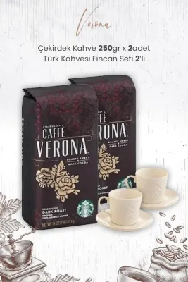 Verona Çekirdek Kahve 250 gr x 2 Adet ve Türk Kahvesi Fincan Seti 2'li