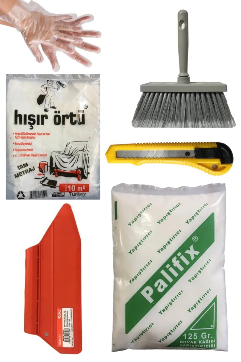 6'lı Süper Set Duvar Kağıdı Uygulama Yapıştırıcısı/125gr Tutkal/spatula/fırça/eldiven/hışır/falçata