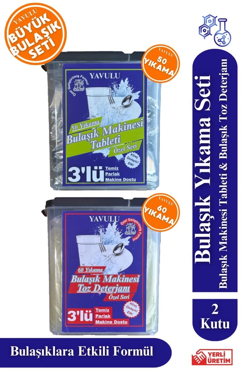 Büyük Bulaşık Yıkama Seti Toz ve Bulaşık Makinesi Tableti 50 Tablet 1.2Kg Toz Bulaşık Deterjanı