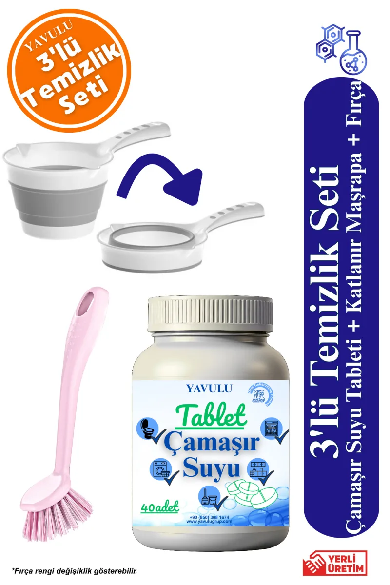Çamaşır Suyu Temizlik Seti Ultra Konsantre Tablet Çamaşır Suyu + Fırça +Katlanır Koçero Maşrapa