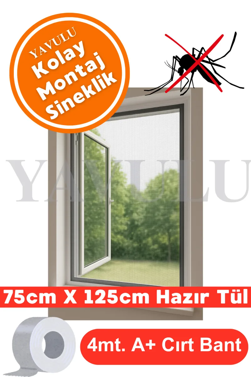 Kolay Montaj Cırt Bantlı Sinek Önleyici Sineklik Pencere Sinekliği Sineklik Örtüsü 75cmx125cm Küçük
