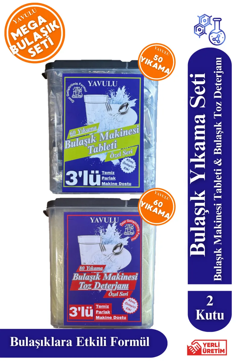 Mega Boy Bulaşık Yıkama Seti Toz ve Bulaşık Makinesi Tableti 60 Tablet 1.6Kg Toz Bulaşık Deterjanı