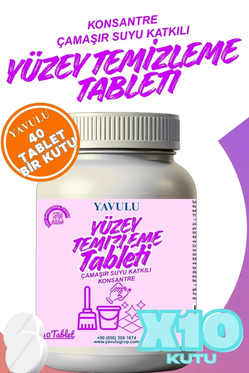 Yüzey Temizleyici Tablet Genel Yüzey Temizleyici Ultra Konsantre Çamaşır Suyu Etkili 40Tab. 10 Kutu