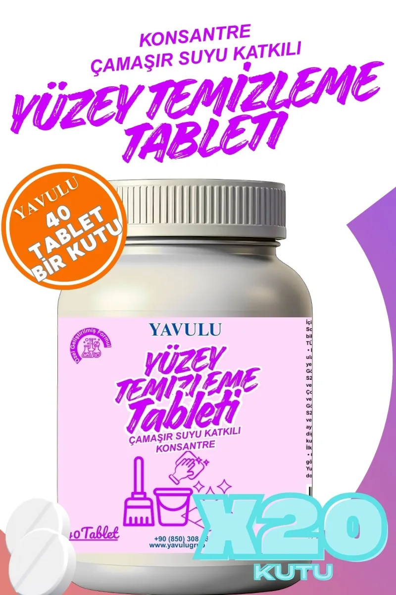 Yüzey Temizleyici Tablet Genel Yüzey Temizleyici Ultra Konsantre Çamaşır Suyu Etkili 40Tab. 20 Kutu