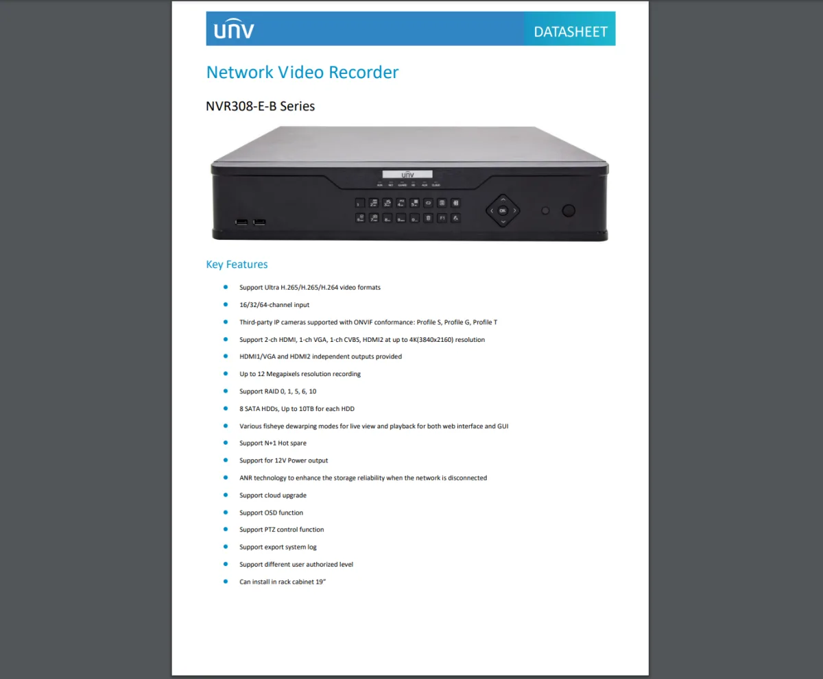 64 KANAL NVR308-E-B Series - İp Kameralar İçin 64 Kanal NVR Kayıt Cihazı
