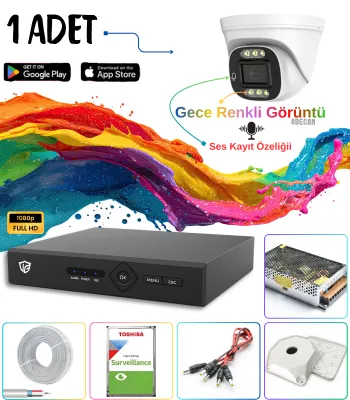 Adecam 1'li Full HD AHD Güvenlik Kamera Sistemi + 30 Gün Kayıt, Cepten İzleme - Gece Renkli & Sesli Set