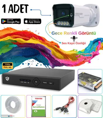 Adecam 1'li Full HD AHD Güvenlik Kamera Sistemi Cepten İzleme - Gece Renkli & Sesli Set + 30 Gün Kayıt 